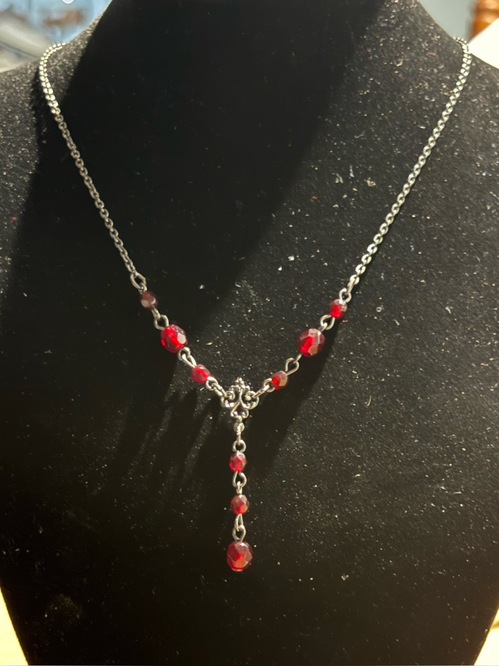 Vintage Style Red Crystal Y Necklace | Dainty Drop Necklace | Romantic Statement